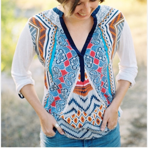 Anthropologie Tiny Aztec Mixed Media Top - Picture 1 of 8